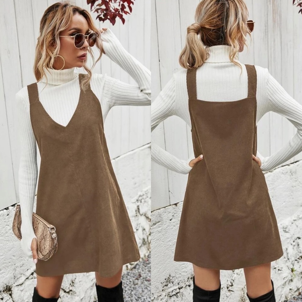 Corduroy dress v neck square back boho tiktok 90s style preppy khaki tan